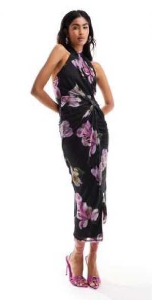 ASOS DESIGN - halter neck bodycon mesh midi dress in pink floral print-Multi