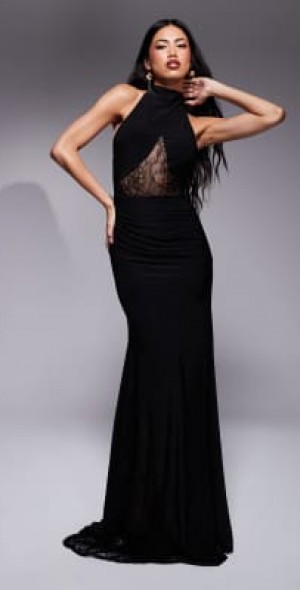 ASOS DESIGN - high neck halter maxi dress with lace inserts and full skirt in black ASOS DESIGN - high neck halter maxi dress with lace inserts and full skirt in black