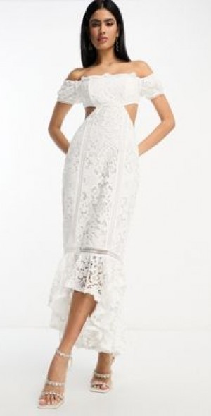 ASOS DESIGN lace bardot cut out maxi dress with frill hem in white