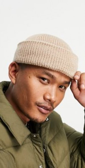 ASOS DESIGN lambswool mini ribbed fisherman beanie in stone-Neutral