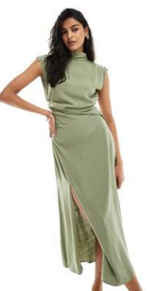 ASOS DESIGN - linen high neck grown on sleeve midi dress with open back and  button neck detail in green