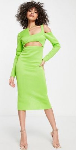 ASOS DESIGN long sleeve asymmetric cut out midi dress in lime green