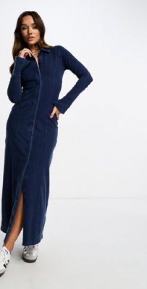 ASOS DESIGN - long sleeve collared maxi dress in jersey denim-Blue