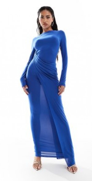 chinese dress ladies One Shoulder Drape Detail Maxi Dress with Train in Burgundy  Extremely  Beautiful LLC