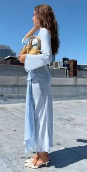 knee length dresses for ladies Iris Long Sleeve Satin Maxi Dress / Frosted Blue | Meshki main image 0