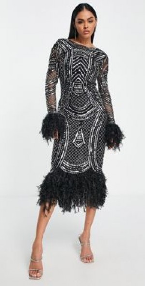 ASOS DESIGN long sleeve embellished sequin midi dress with faux