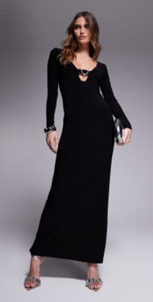 asos black long sleeve dress ASOS Design Long Sleeve Draped Shirt Maxi Dress in black-No color