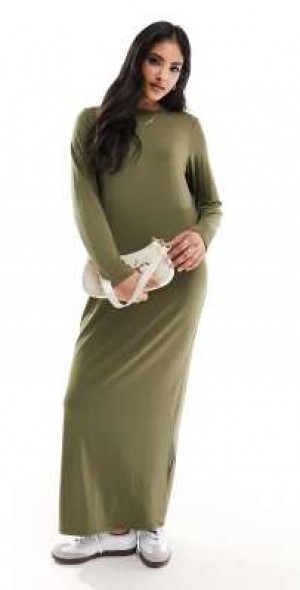 ASOS DESIGN - long sleeve maxi t-shirt dress in khaki-Green
