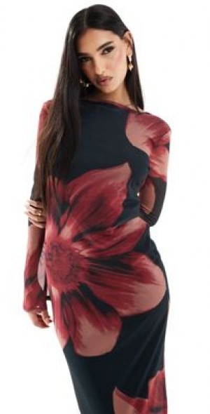 ASOS DESIGN low back floral mesh maxi dress with angel sleeves