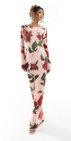 ASOS DESIGN - low back floral mesh maxi dress with angel sleeves in rose  print-Multi