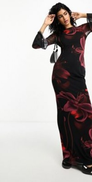 ASOS DESIGN low back mesh maxi dress with angel sleeves in red