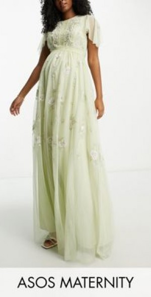 ASOS DESIGN - Maternity Bridesmaid pearl embellished flutter sleeve maxi  dress with floral embroidery in sage-Green