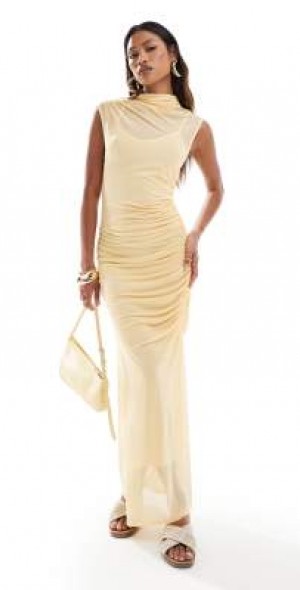 ASOS DESIGN - mesh ruched t shirt midi dress in buttermilk-Yellow