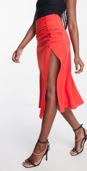 ASOS DESIGN midi skirt with ruched side and button detail in red