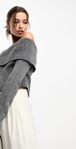 ASOS DESIGN off shoulder sweater in chunky rib in charcoal-Gray