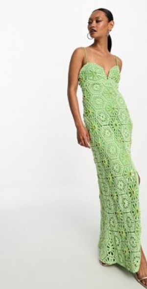 ASOS DESIGN - pearl embellished sweetheart neck crochet maxi dress with split in bright green ASOS DESIGN - pearl embellished sweetheart neck crochet maxi dress with split in bright green