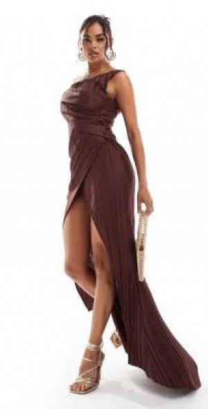 ASOS DESIGN - plisse one shoulder premium drape maxi dress with super high  split in chocolate-Brown
