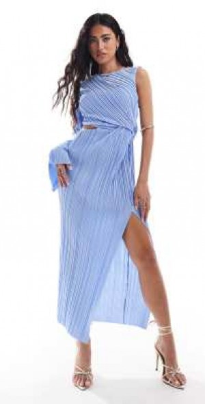 ASOS DESIGN - plisse one sleeve midi dress with slit detail in icy blue