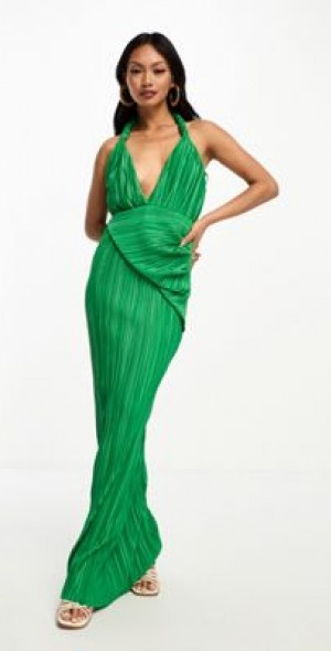 ASOS DESIGN - plunge halter cowl back plisse maxi dress in green