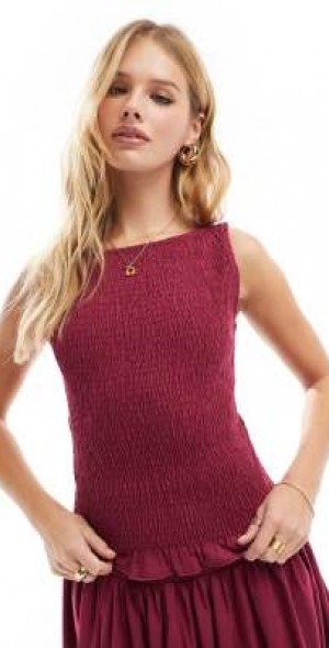 ASOS DESIGN - poplin shirred tank top in burgundy - part of a set