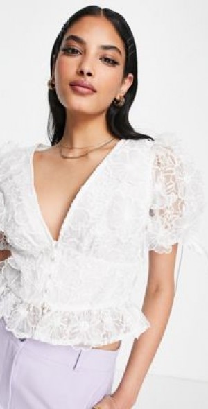 ASOS DESIGN premium 3D floral organza tea blouse in white