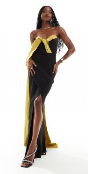 ASOS DESIGN - premium structured bandeau maxi dress with contrast sash in  black-Multi