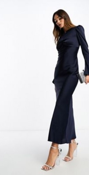 ASOS DESIGN ruched bust detail satin maxi dress in Navy
