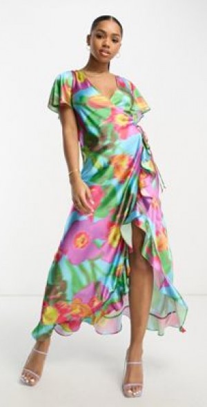 floral frill detail wrap maxi dress Yours London Women's Plus Size Pink Floral Print Ruffle Wrap Dress Size 22-24