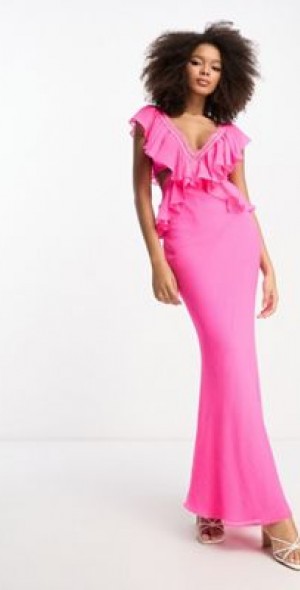 open lace back dress Rent Asos Design Ruched Bust Cut Out Bias Maxi Dress In Hot Pink main image 0
