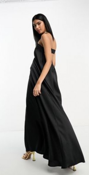 ASOS DESIGN - satin bandeau trapeze maxi dress in black ASOS DESIGN - satin bandeau trapeze maxi dress in black