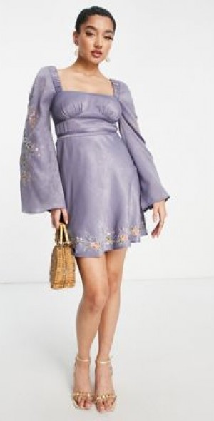 ASOS DESIGN - satin bias cut mini dress with pop floral embroidery-Blue