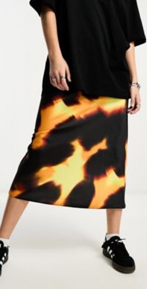 ASOS DESIGN satin bias midi skirt in dark yellow abstract print