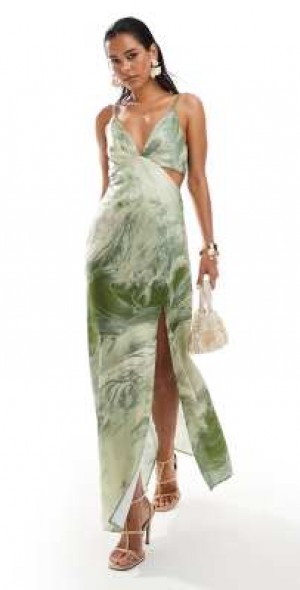 ASOS DESIGN - satin cami strap pleated bust midi dress in green marble  print-Multi