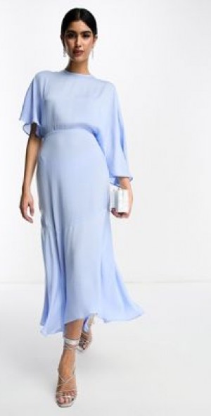 ASOS DESIGN - satin flutter sleeve asymmetric hem midi dress in pale blue