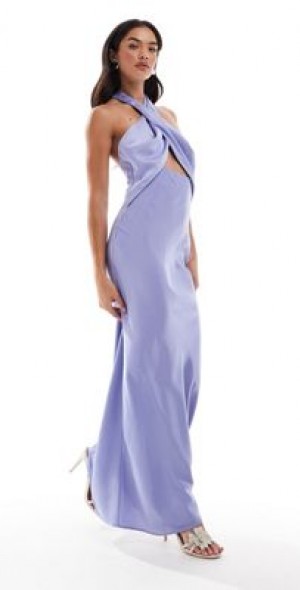 ASOS DESIGN - satin halter cross front cut out detail maxi dress in deep  lilac-Blue