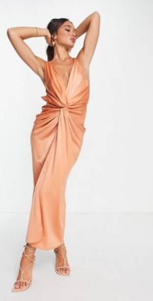 ASOS DESIGN - satin maxi dress with knot front and drape skirt in bronze- Copper ASOS DESIGN - satin maxi dress with knot front and drape skirt in bronze- Copper