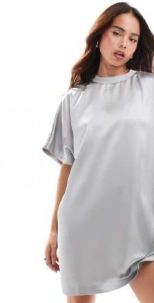 ASOS DESIGN - satin oversized mini tshirt dress in silver ASOS DESIGN - satin oversized mini tshirt dress in silver
