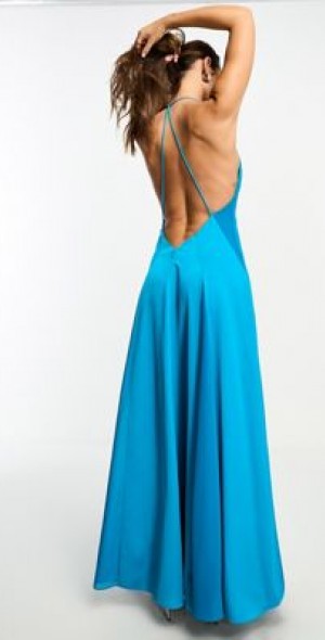 ASOS DESIGN - satin plunge halter maxi dress with chiffon insert detail in dark blue ASOS DESIGN - satin plunge halter maxi dress with chiffon insert detail in dark blue