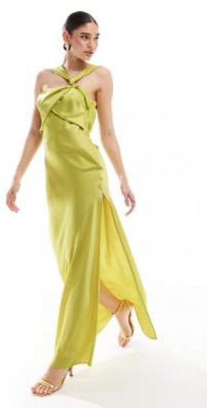 lime green satin maxi dress Duntery Cap Sleeves Satin Maxi Dress With Slit, Sage main image 1