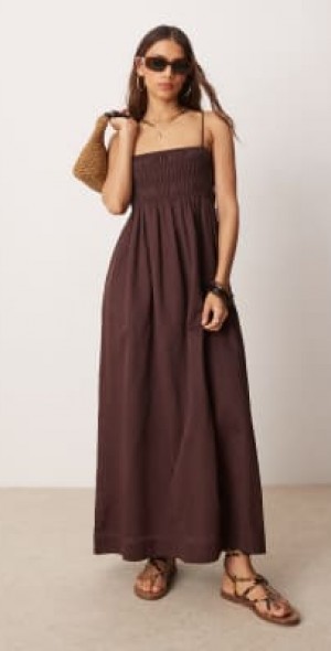 ASOS DESIGN - shirred bust cotton sateen maxi dress in chocolate-Brown