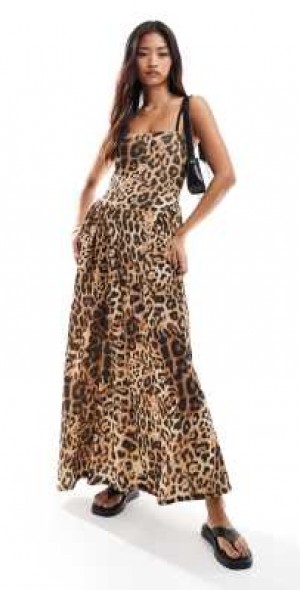 ASOS DESIGN - square neck full skirt midi dress with flare panels in leopard  print-Multi