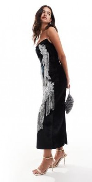 ASOS DESIGN - structured bandeau velvet midi dress with contrast floral  fringe embellishment in black