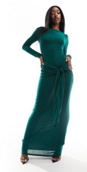 asos bottle green dress ASOS DESIGN co-ord pleated side column maxi skirt with side split in b –  ASOS Sample Sale main image 0