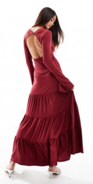 asos burgundy ruffle dress ASOS DESIGN ruffle smock crinkle mini dress with tiered sleeve and sta –  ASOS Sample Sale main image 0