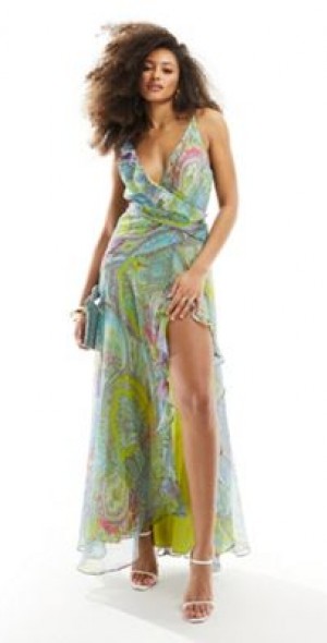 asos paisley maxi dress ASOS DESIGN high neck shirred maxi dress with frill edge in paisley print