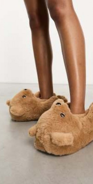 ASOS DESIGN Ziggy teddy bear slippers in tan-Brown