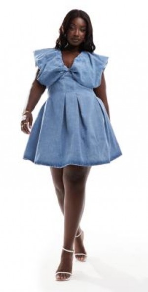 asos denim mini dress ASOS DESIGN denim stretch mini dress with seam detail in midwash blue
