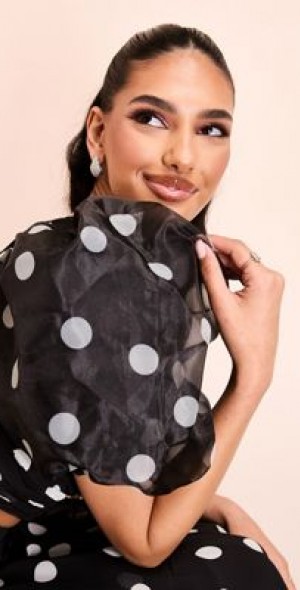 ASOS LUXE - one shoulder blouson sleeve polka dot organza top in monochrome  - part of a set-Multi