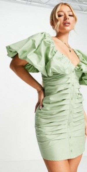 ASOS Luxe - ASOS LUXE pleated front poplin mini dress with back bow tie in  sage green