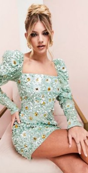 ASOS Luxe - ASOS LUXE puff sleeve flower embellished mini dress in white  and green